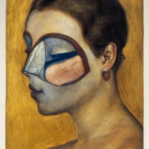 Image similar to the queen in her moth mask, by Annie Swynnerton and Diego Rivera, in profile, symbolist, dramatic lighting, elaborate geometric ornament, Art Brut ,god rays, soft cool colors,smooth, sharp focus, extremely detailed, Adolf Wölfli