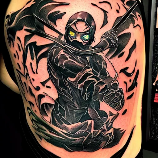 Prompt: demonic ninja, tattoo of tokyo ghoul, detailed tattoo design, design by francesco ferrara, dr. lakra, instagram, yoji shinkawa