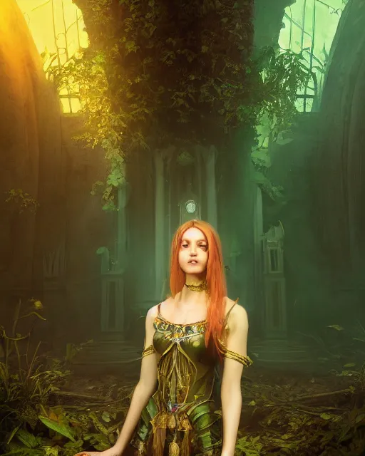 Image similar to Beautiful art portrait of Melissa Rquch as a fantasy gothic priestess in a bright temple surrounded by lush forest, atmospheric lighting, intricate detail, cgsociety, hyperrealistic, octane render, RPG portrait, ambient light, dynamic lighting