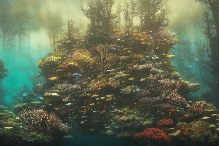 Image similar to Underwater forest ecosystem by Shaun Tan and Hiroshi Yoshida, trending on artstation