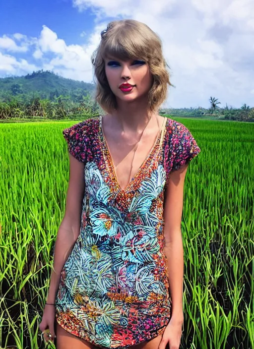 Prompt: taylor swift wearing batik bali in bali. temple lake rice field ocean. front view. instagram closeup holiday photo shoot, perfect faces, beautiful