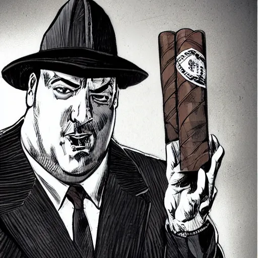 Prompt: chunky ethan van sciver as tony soprano, with a cigar, artstation