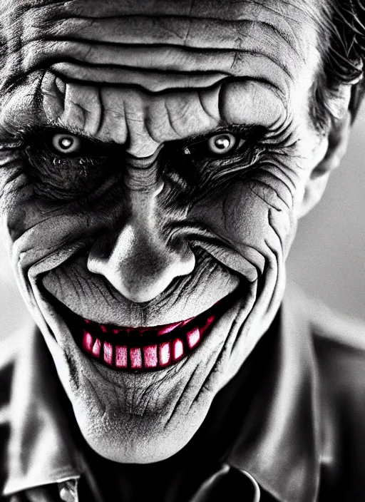 Prompt: photo of Willem Dafoe as the Joker by Lee Jeffries, big smile, detailed, award winning, Sony a7R