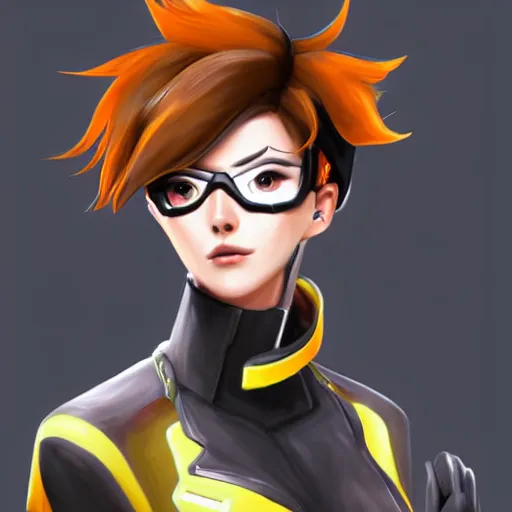 Image similar to digital portrait painting of tracer overwatch, full body, wearing spiked collar, black outfit, detailed face, detailed eyes,