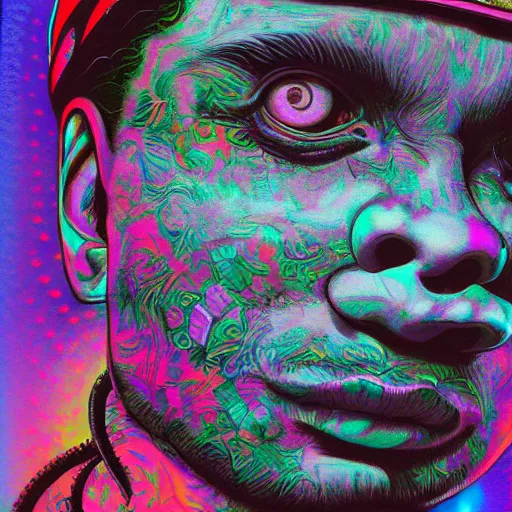 Image similar to an extremely psychedelic portrait of eazy - e, surreal, lsd, face, detailed, intricate, elegant, lithe, highly detailed, digital painting, artstation, concept art, smooth, sharp focus, illustration