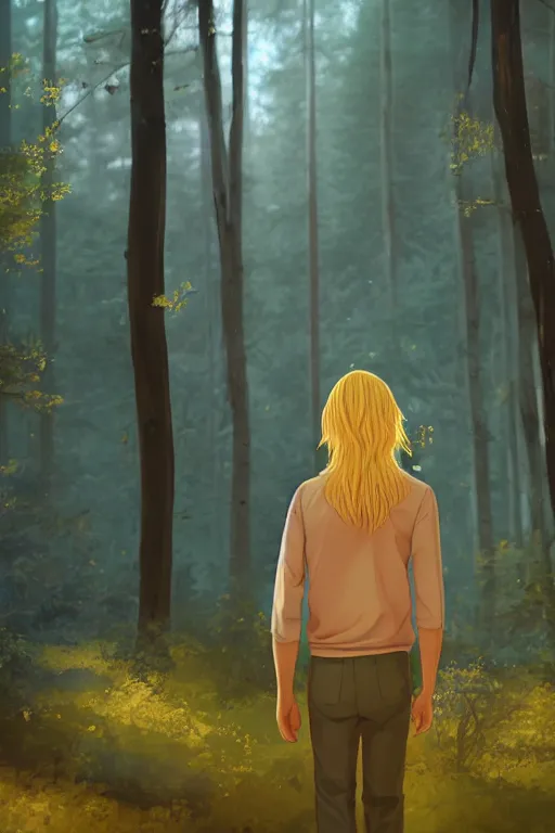 Prompt: pretty young man with long golden blond hair made of gold, demure, slender, back view, lost, trees, detailed forest background, webtoon, breathtaking scenery, colourful, 8 k, graphic novel, digital art trending on artstation, volumetric lighting, octane render, cinematic, hyper detailed, magical atmosphere, magical forest, ghibli