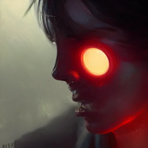 Prompt: close - up portrait of a young beautiful cyberpunk woman, mirror eye implants, short black hair, sunset, painted by seb mckinnon, high detail, digital art, painted by greg rutkowski, trending on artstation