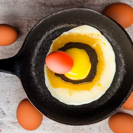 Prompt: egg with a red yolk frying in a triangular frying pan