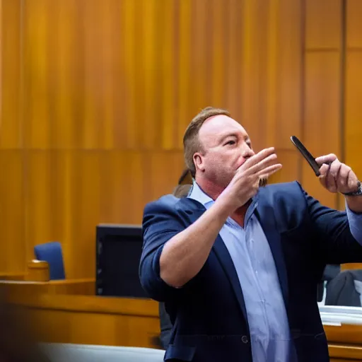 Prompt: Alex Jones desperately reaching for his out of reach phone in the courtroom, EOS 5DS R, ISO100, f/8, 1/125, 84mm, RAW, Dolby Vision, Face Unblur