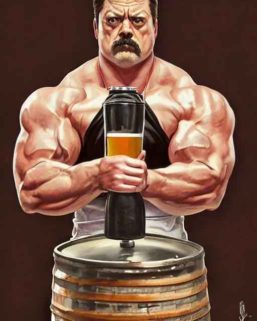 Image similar to gigachad ron swanson bodybuilder holding a keg of beer in final fight office by ilya kuvshinov, ernest khalimov body by krista sudmalis, fantasy character portrait, ultra realistic, concept art, intricate details, elegent, digital painting, smooth, sharp focus, illustration, art by artgerm and greg rutkowski and alphonse mucha, artstation