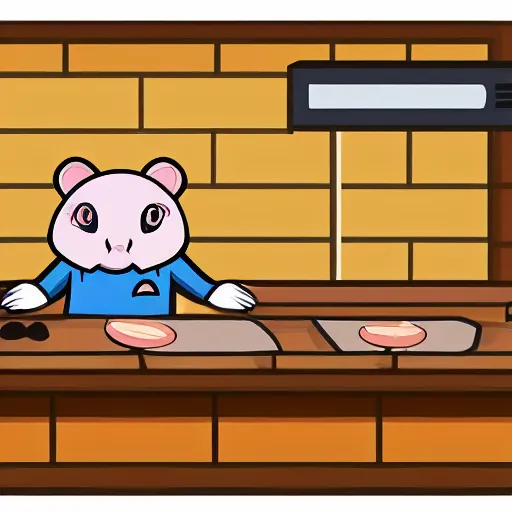 Prompt: a hamster with an evil face, in a butcher shop, holding knives in his hands. standing in front of the table. computer game. realism. magic. the tavern. front view.