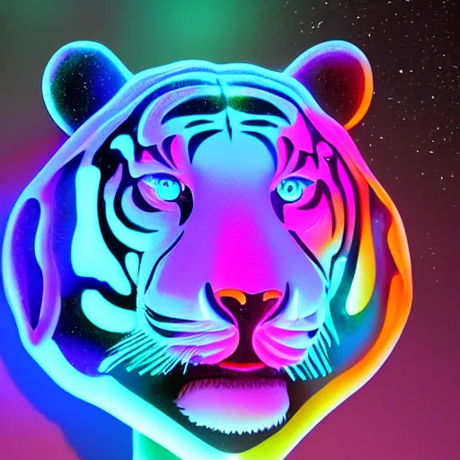 Prompt: glowing holographic futuristic plastic sculpture of tiger face render, transparent celestial light gels, vibrant acrylic glass crinkled correction gel, colored film face by okuda san miguel, glowing stars, glinting, glittering, cyan, white, ultra realistic, photorealistic, 3 d render, unreal engine, octane render, sharp, studio