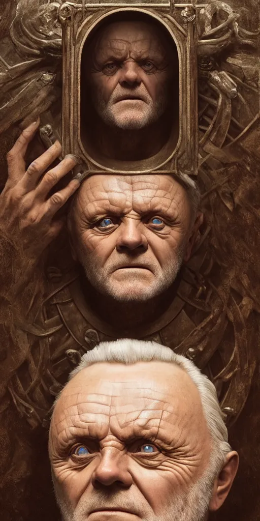 Image similar to anthony hopkins, a blind king, dungeons and dragons, fame of thrones masterpiece by edgar maxence and ross tran and michael whelan, gustav dore, 8 k, octane render