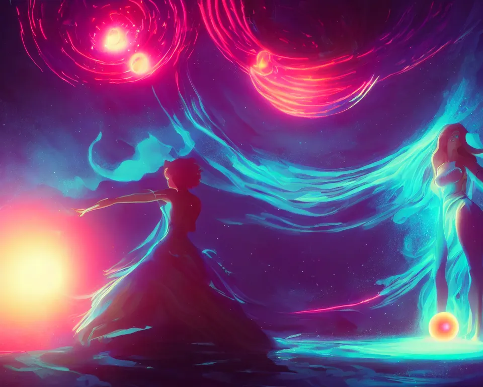 Image similar to a beautiful whimsical woman standing under a multi-colored binary blackhole with an accretion disc, casting magic, glowing trails following her arms, acidwave, by Lois van Baarle, by Greg Rutkowski, by artgerm, by beeple, by studio ghibli, cinematic angle, volumetric lighting, 4k resolution, octane render, trending on artstation, masterpiece