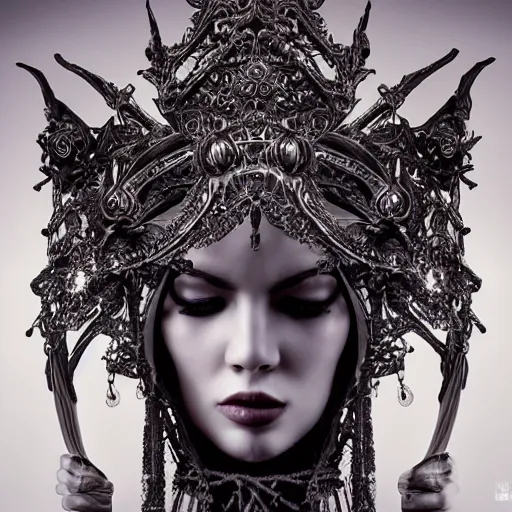 Prompt: sleep time photorealistic, biomechanical, intricate details, hyper realistic, ornate headpiece, dark beauty, photorealistic, canon r 3, photography, wide shot, photography, dark beauty, symmetrical features