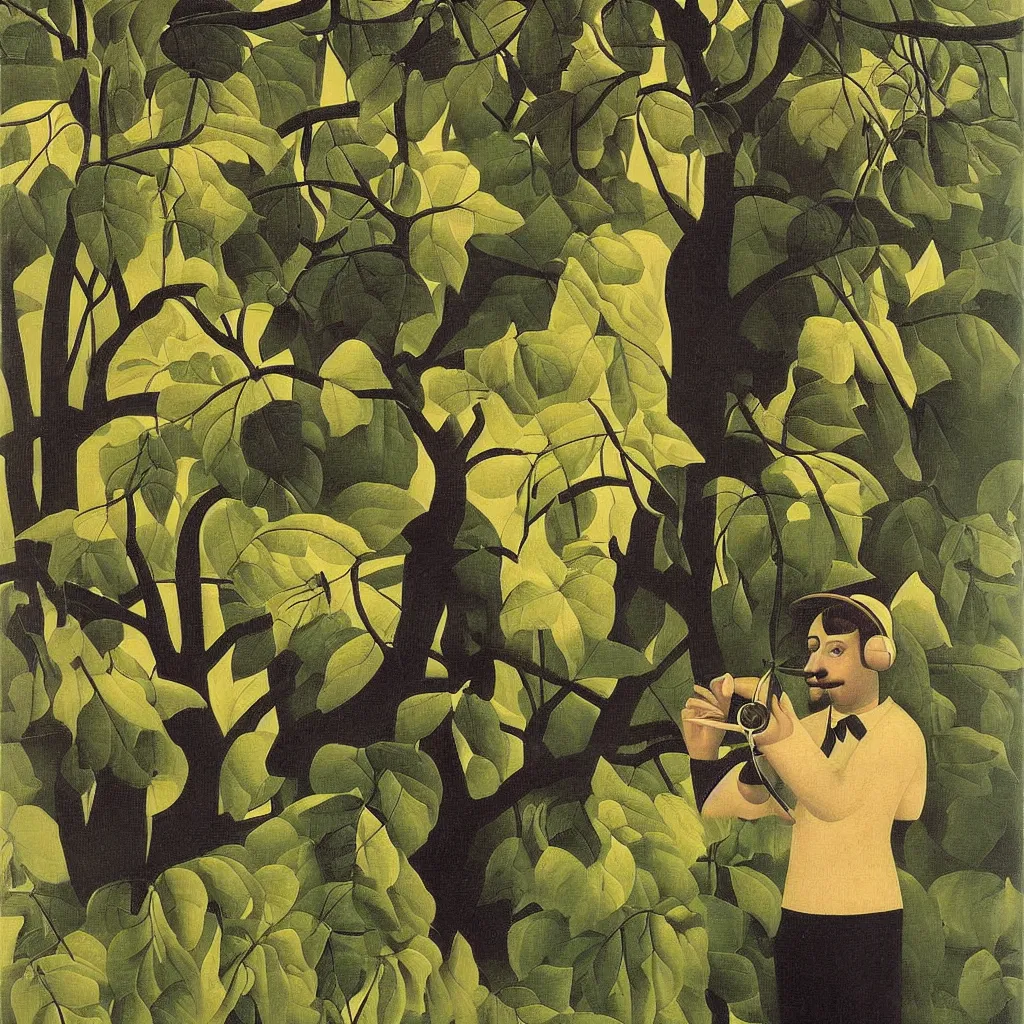 Image similar to i, a man wearing headphone and playing his iphone, by henri rousseau