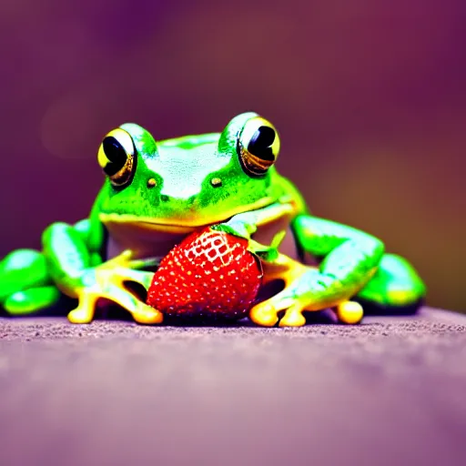 Prompt: a cute frog eating a strawberry, HDR