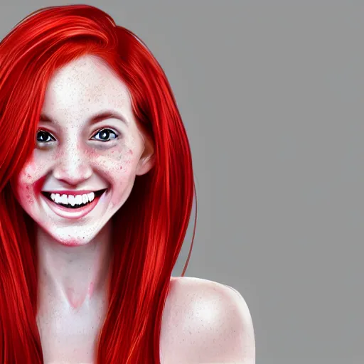 Prompt: a cute red-haired female with freckles, smiling, ultra realistic digital painting