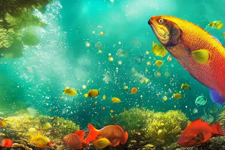 Image similar to ultra realistic underwater photography, panoramic picture of a river with ( subject : a very big exotic brightly coloured fish ). lots of bubbles. wavy, scattered light entering from the water surface, artstation, focus on the fish, extremely hyperrealistic crisply sharp fish, 8 k