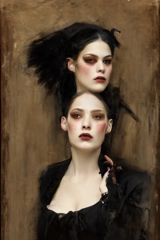 Prompt: Richard Schmid and Jeremy Lipking and Roberto Ferri full length portrait painting of a young beautiful victorian steampunk goth punk rock woman covered head in black except for face