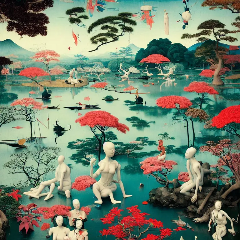 Prompt: Vibrant Japanese Garden by Hieronymus Bosch and James Jean, Ross Tran, Porcelain Japanese Mannequins, Sky by Damien Hirst, HD, very cohesive, symmetry, serenity, hypermaximalist, 8k, surreal oil painting, highly detailed, dream like, masterpiece