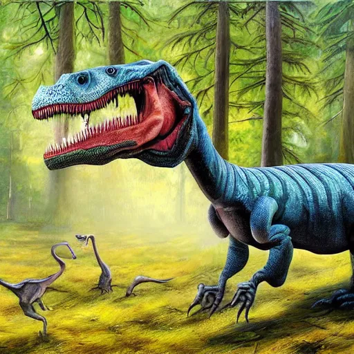 Image similar to hyper realistic oil painting of a dinosaur screaming the back home is a forest