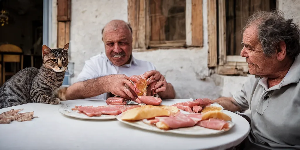 Image similar to photography of a cat sharing mortadella with his loved owner at a trullo house, photoreal, 3 5 mm, award winning photography