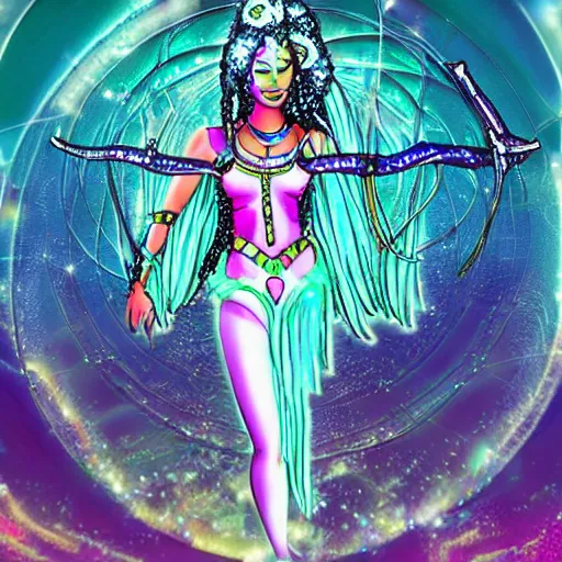 Prompt: princess intergalactica, nautical siren, queen of heaven, techno mystic goddess, with aqua neon dreadlocks, wearing haute couture, star - gate of futurisma,