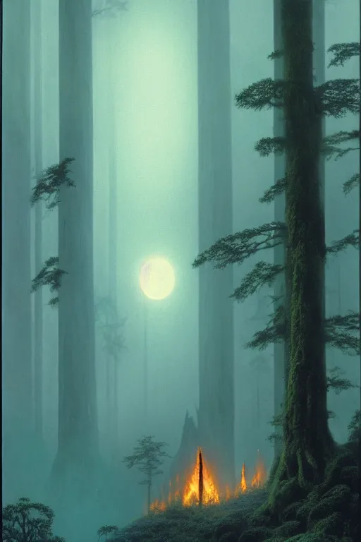 Image similar to emissary dark moody forest crescent moon home of the furry ewoks burning small fires that are illuminating the forest, foggy blue hour, waterfall, ( designated : ix 3 2 4 4 - a ) by arthur haas and bruce pennington and john schoenherr, cinematic matte painting, 8 k, dark color palate