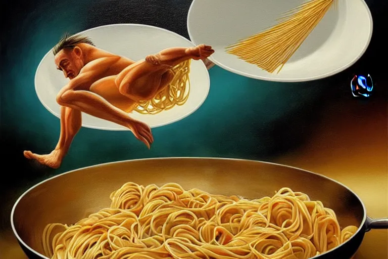 Prompt: olympic diver diving from springoard into a dish of pasta, detailed surrealist art, artgerm