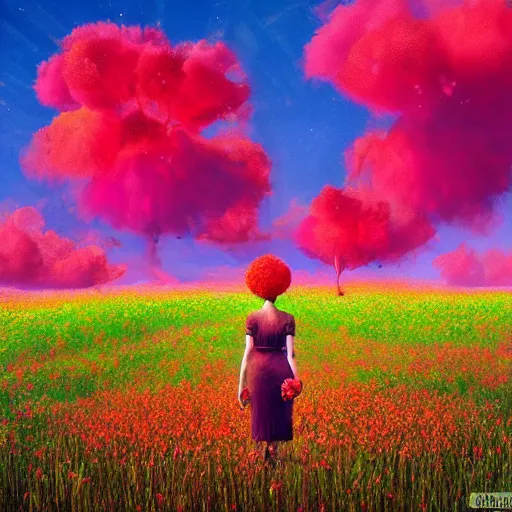 Image similar to giant red flower afro, full body, girl frontal in the middle of a field with flowers, surreal photography, hills, sunrise dramatic light, impressionist painting, colorful clouds, digital painting, pointillism, artstation, simon stalenhag