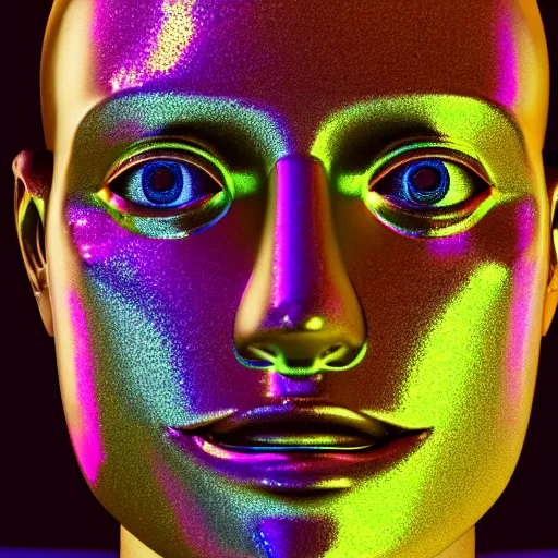 Image similar to 3d render of holographic human robotic head made of glossy iridescent, surrealistic 3d illustration of a human face non-binary, non binary model, 3d model human, cryengine, made of holographic texture, holographic material, holographic rainbow, concept of cyborg and artificial intelligence