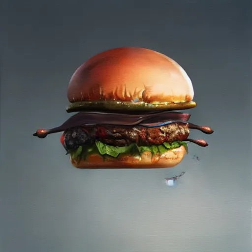 Image similar to hyper realistic hamburger as a xenomorph, painted by greg rutkowski, unreal engine,