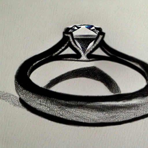 Prompt: graphite sketch of engagement ring with two smaller diamonds outside and one bigger diamond in the middle, realistic, hyper detailed, concept art, victorian, multiple angles