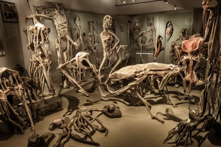 Image similar to inside a museum, a room where anatomical body parts are piece of arts by Rob Bottin at night, filth and grim, very detailed, ultra realistic photography, grainy image