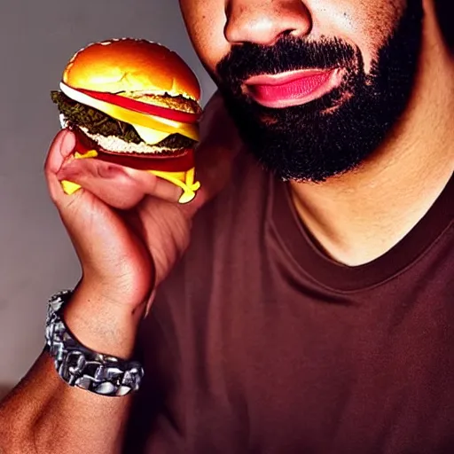 Image similar to rapper drake eating fast food photo taken by a fan, photorealistic, dynamic light, iphone 1 3, studio, ultra detailed