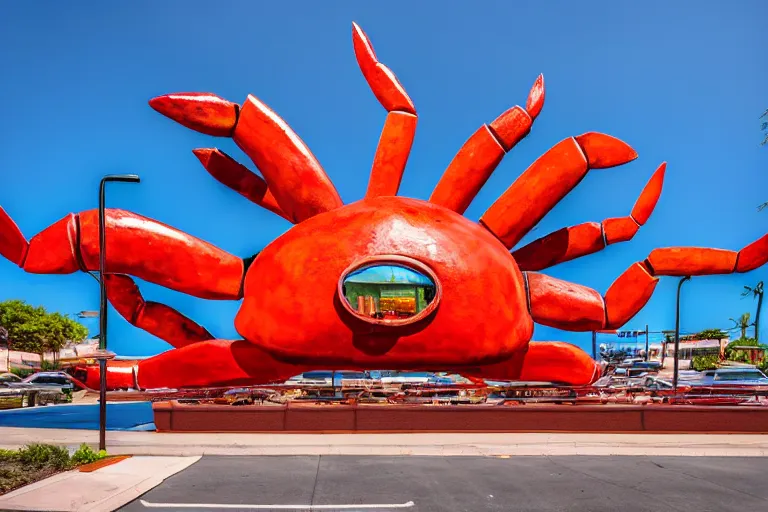 Prompt: 1 9 8 5 crab themed giant sculpture, googie architecture, one point perspective, americana, fishcore, restaurant exterior photography, hd 8 k, taken by alex webb