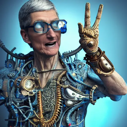 Prompt: tim cook. pointing his finger in the air. mythical organic biomechanical man. futuristic. blue blurry background. highly detailed, intricate steampunk ornate, poetic, 3 d render, digital art, octane render, 8 k artistic photography, photorealistic.