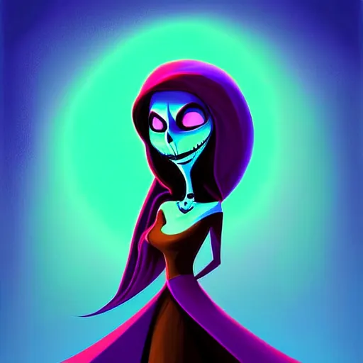 Image similar to curled perspective digital art of a dark hair woman wearing arab scarf by anton fadeev from nightmare before christmas