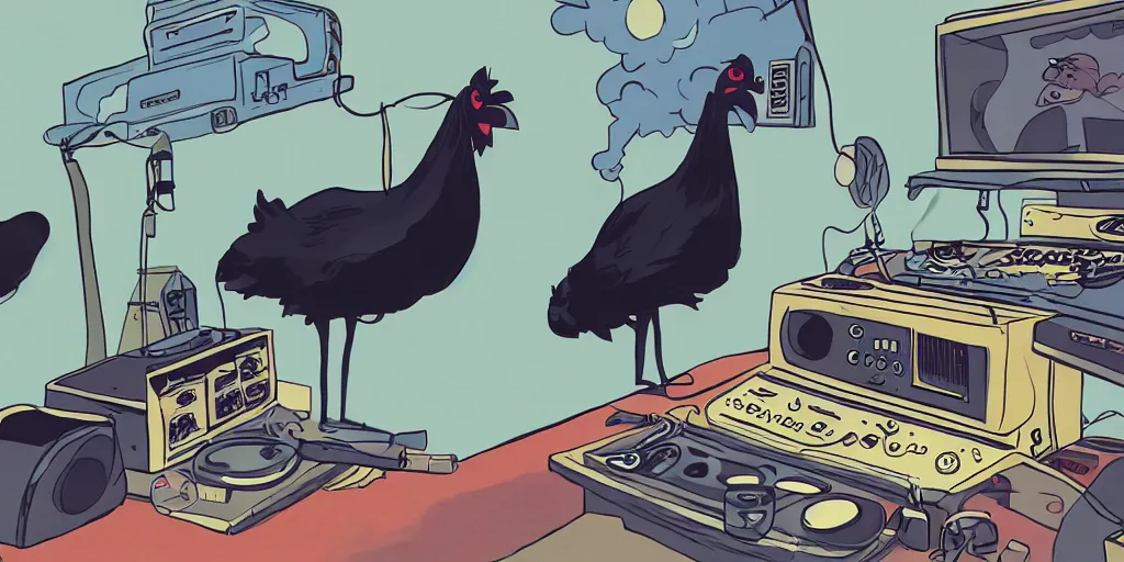 Image similar to 'black chicken'!!! smoking 'cannabis!!!!!!' in front of 'audio console'!!!! and 'multi monitors!!!!!!' in a tv broadcasting studio, artwork by James Gilleard