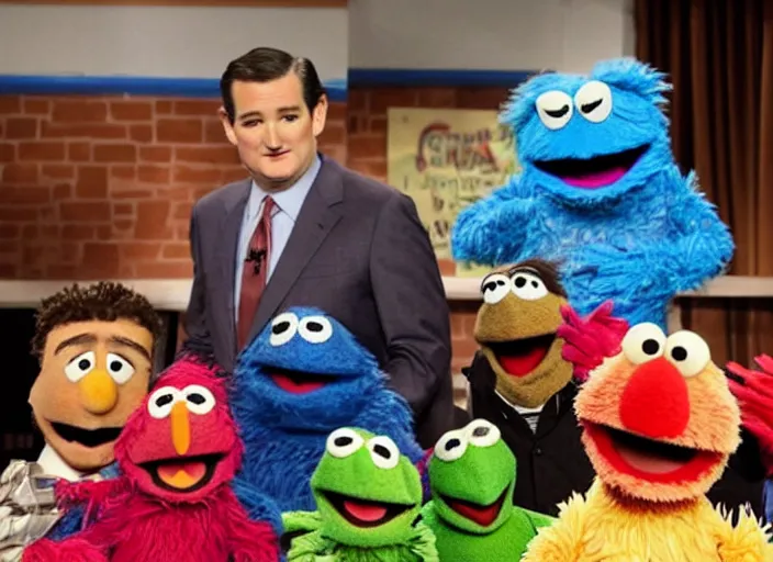 Prompt: ted cruz getting beaten up and punched and kicked by a gang of muppets on sesame street
