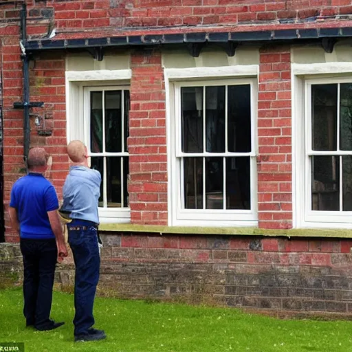 Image similar to many builders inspecting and discussing sash window