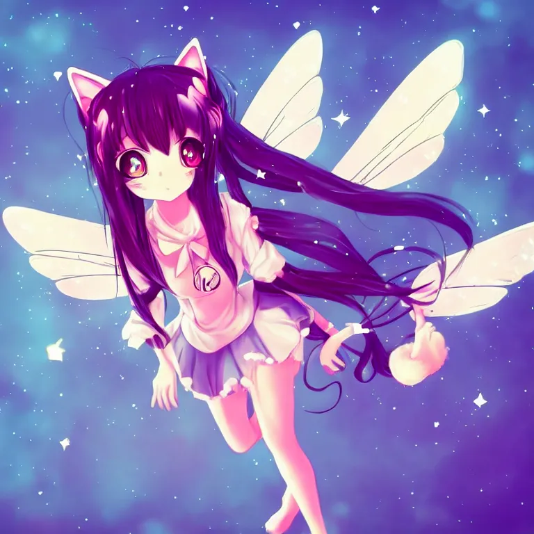 Image similar to cute, full body, female, anime style, a cat girl with fairy wings, large eyes, beautiful lighting, sharp focus, simple background, creative, heart effects, filters applied, illustration