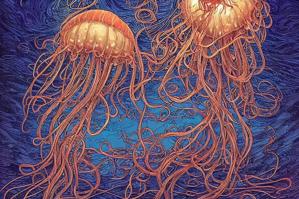 Image similar to a beautiful ultradetailed comic cover art of gigantic glowing complex multi-layered intricate jellyfish creatures with long flowing tendrils, by Laurie Greasley and Peter Mohrbacher and Quentine Mabilles and Dan Mumford, tarot card art, detailed shading, micro details, dramatic lighting, volumetric lighting, 8k