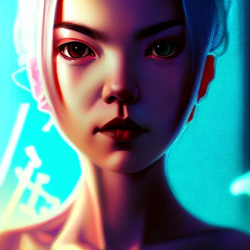 Image similar to closeup front orthographic portrait of anya taylor joy seductive cyberpunk, japanese style, high detail, soft studio lighting, full frontal lighting, digital photography, hyper realistic style, style of masamune shirow