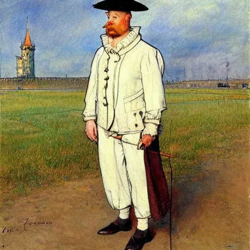 Image similar to painting by zorn, carl larsson, cow, dressed, anthropomorphic!!, wearing!!! clothes!!!, standing next to royal castle!!!