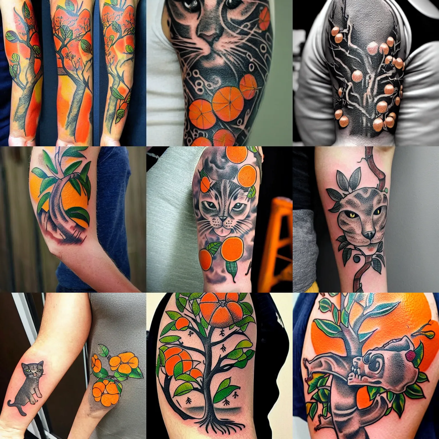 Prompt: tattoo sleeve of an orange tree growing through a cat skeleton, blossoms, beautiful