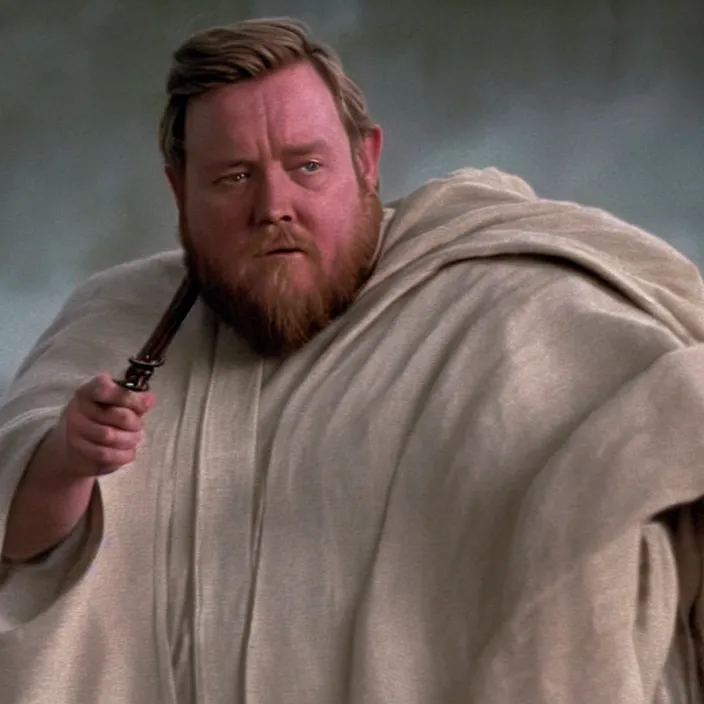 Image similar to obi wan kenobi but obese!! and overweight, photoralistic rendering, movie still, screenshot, hyperdetailed