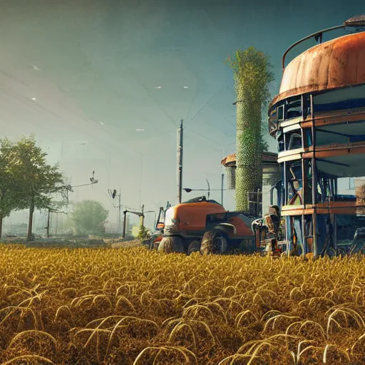 Image similar to fully detailed landscape of a cyberpunk farm , watertank, futuristic tractors, farmhouse, mushroom, overgrowth, Ai , in the future, high quality, 8k , octane render