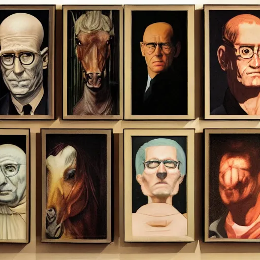 Image similar to portrait face head eyes man ears Nightmarish Horse Man Warlock the Hank Hill camouflaged as a Pony wearing a black shirt mark ryden greg rutkowski andrew wyeth giorgio de chirico dan witz